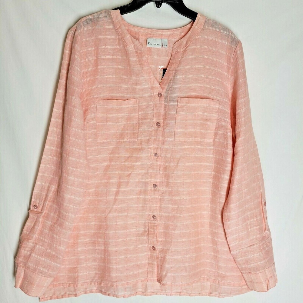 NWT Kim Rogers Womens Shirt Coral Texture Roll Tab Sleeves Button Front Large